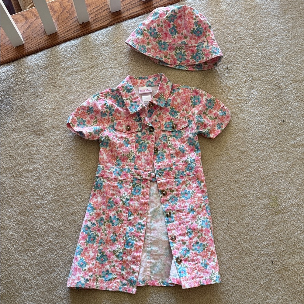 Little Lass Pink Floral Button-Front Dress with Matching Hat
